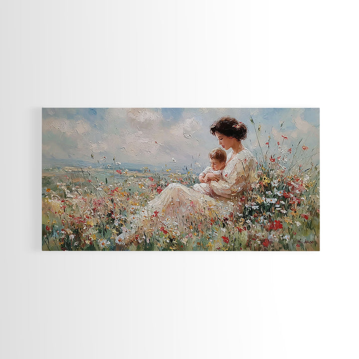 Seated Mother Nursing Baby In Meadow Wildflowers Framed Canvas Print, Impressionist Wall Art For Nursery And Bedroom Decor