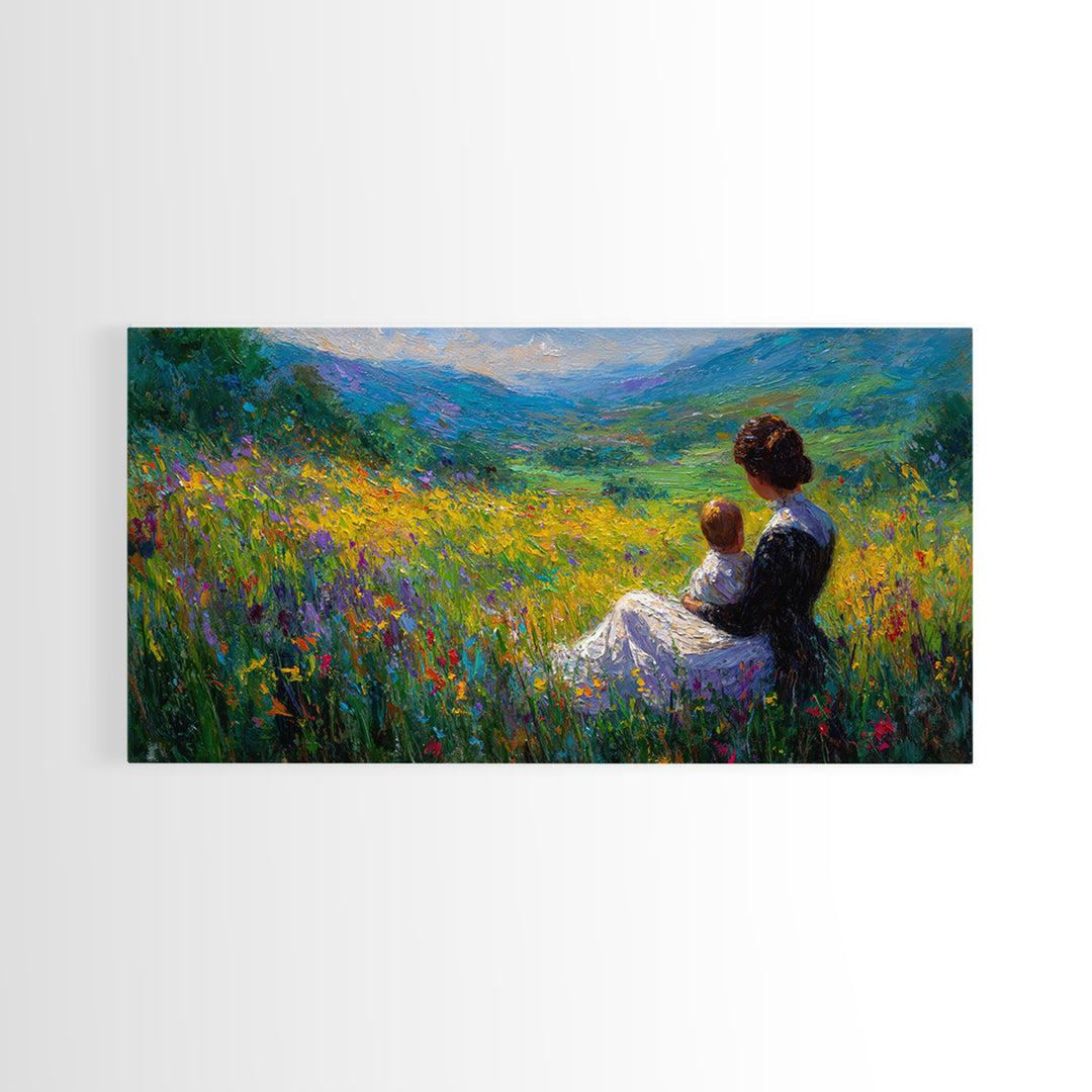 Mother And Child In Wildflower Mountain Meadow Wall Art, Impressionist Landscape, Nursery Decor, Gift For Mom, Living Room Decor