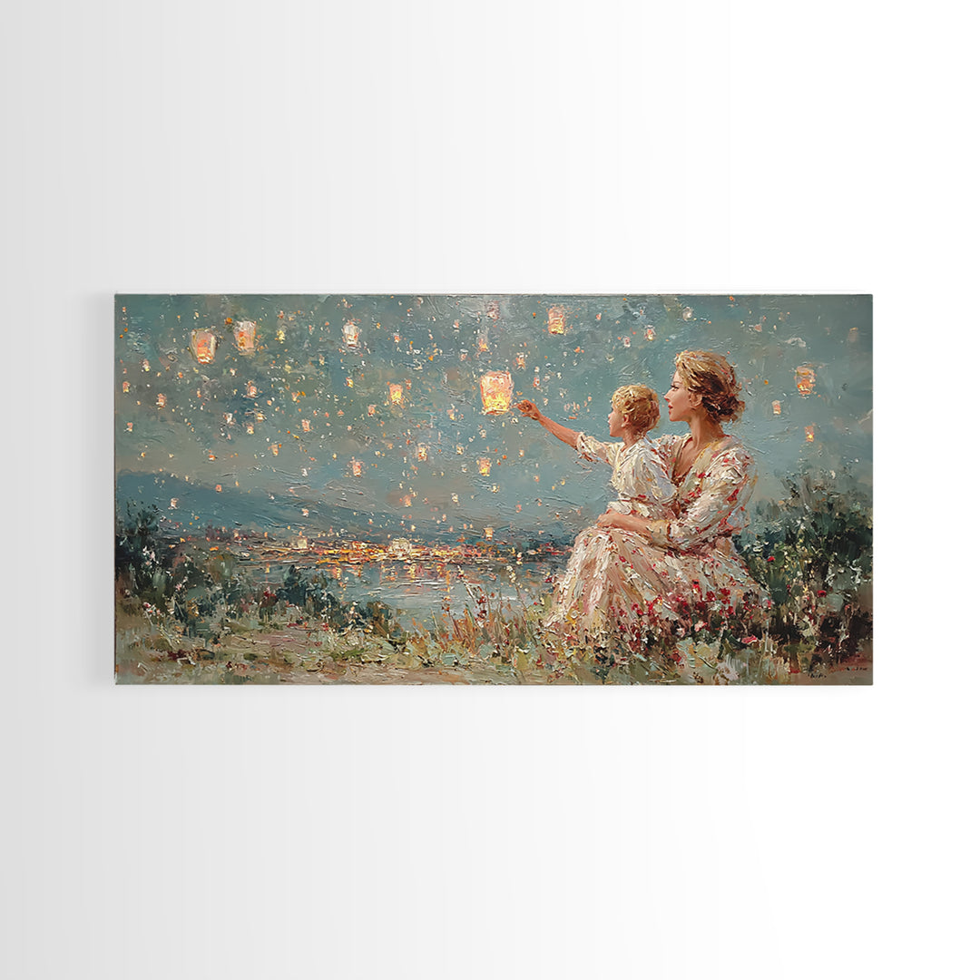Mother And Child Sky Lanterns Over Lake Wall Art, Dreamy Night Landscape, Romantic Decor, Gift For Mom, Bedroom Wall Art
