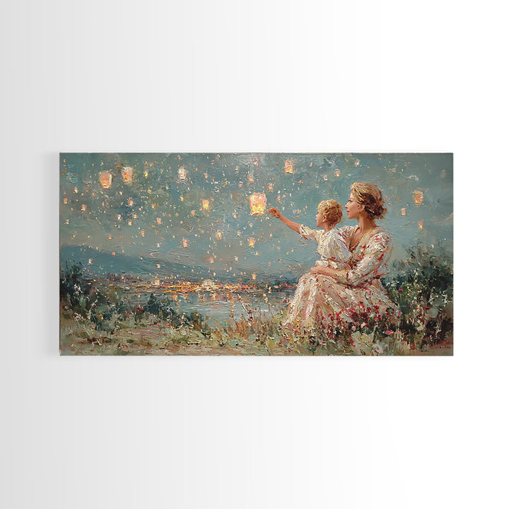 Mother And Child Sky Lanterns Over Lake Wall Art, Dreamy Night Landscape, Romantic Decor, Gift For Mom, Bedroom Wall Art