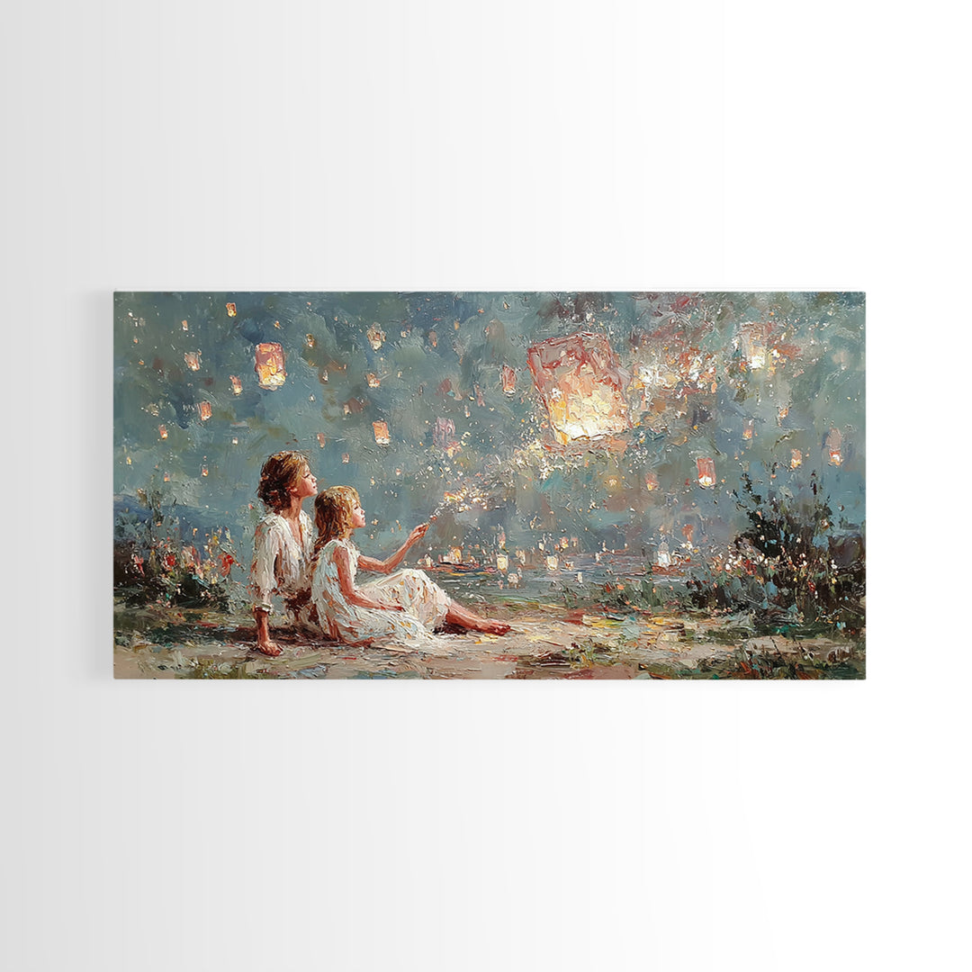 Children Launching Glowing Sky Lanterns Canvas Print, Magical Lake Wall Art, Whimsical Decor, Nursery Art, Gift For Her, Bedroom Decor