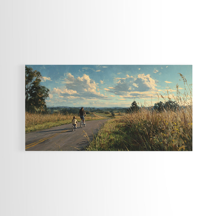 Country Road Bike Ride With Child, Golden Meadow Landscape Wall Art, Family Home Decor, Living Room Art, Housewarming Gift