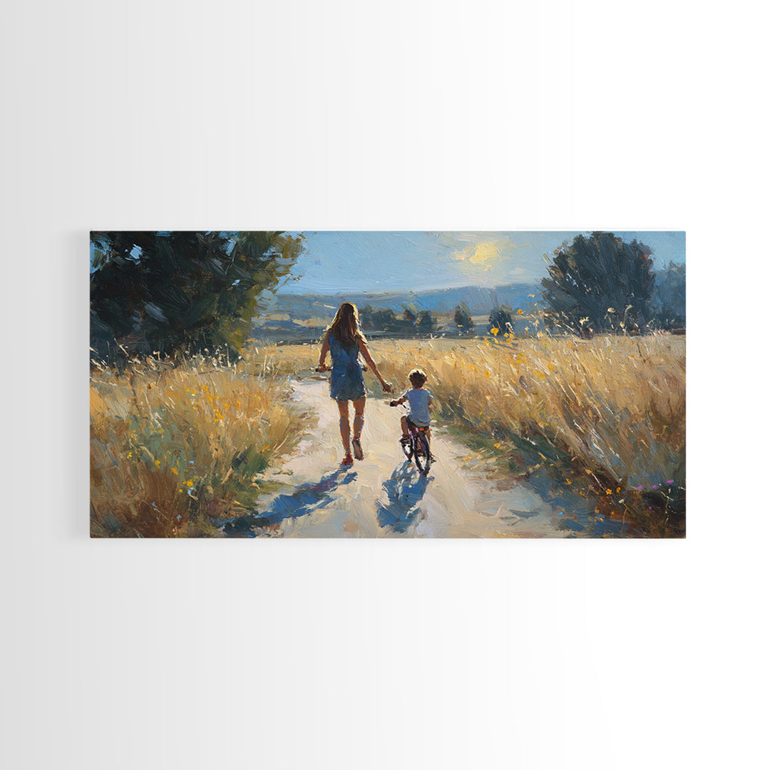 Mother Walking Child With Bicycle Through Golden Fields Canvas Print, Country Landscape Wall Art, Family Living Room Decor