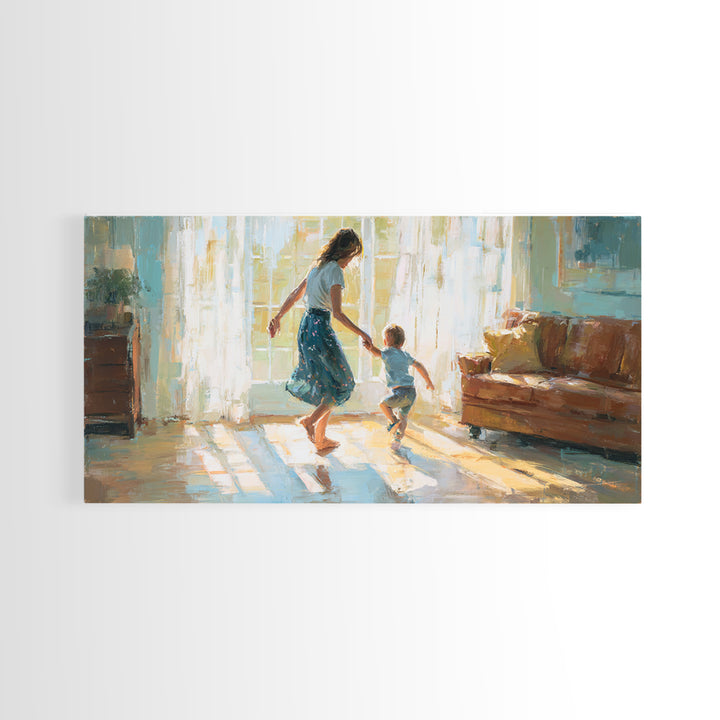 Mother And Toddler Dancing In Sunlit Living Room Canvas Print, Warm Family Wall Art, Cozy Home Decor, Gift For Her, Bedroom Decor