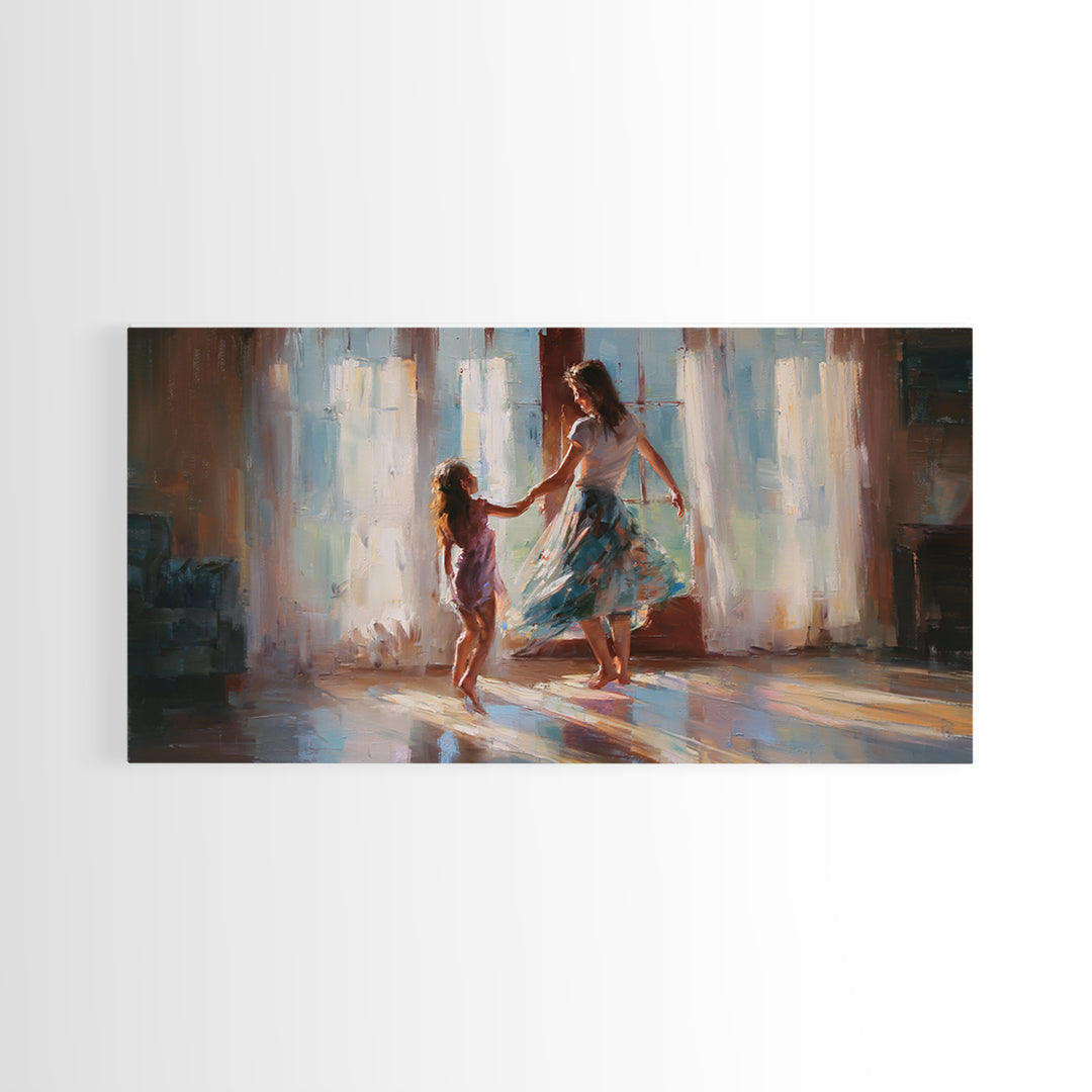 Mother And Daughter Dancing By Bright Windows Framed Canvas Print, Sunlit Family Wall Art, Feminine Home Decor Gift, Living Room Decor