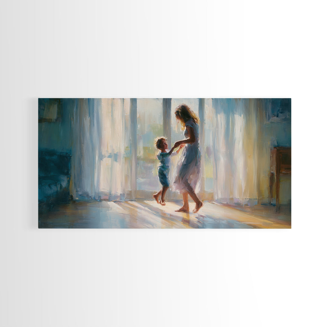 Mother And Child Dancing In Window Light Wall Art, Impressionist Family Painting, Cozy Bedroom Decor, Gift For Her, Living Room Art