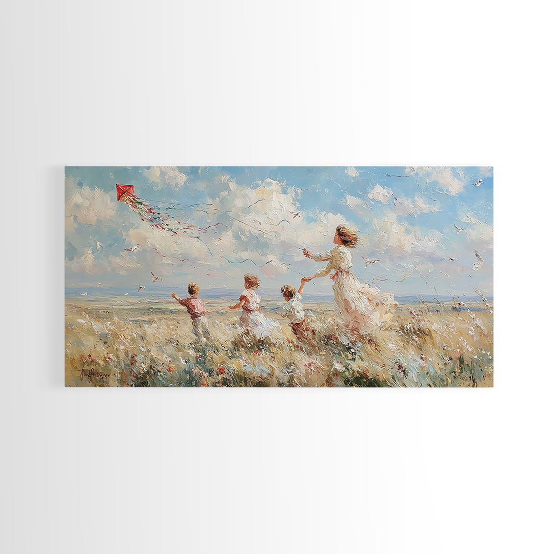 Mother And Children Flying Kite Canvas Print, Coastal Meadow Wall Art, Impressionist Family Decor, Beach House Gift For Mom