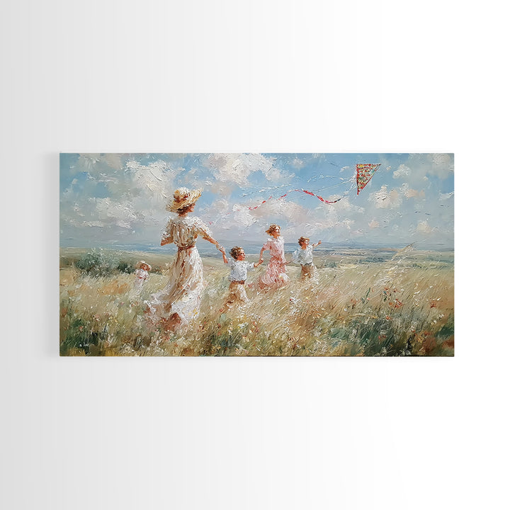 Woman And Children Run With Kite Canvas Print, Windy Meadow Wall Art, Coastal Landscape Art, Nursery Decor, Gift For Mom