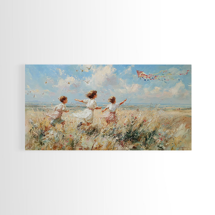 Children Running Through Meadow Canvas Print, Kite Flying Wall Art, Impressionist Landscape, Playroom Decor, Gift For Her