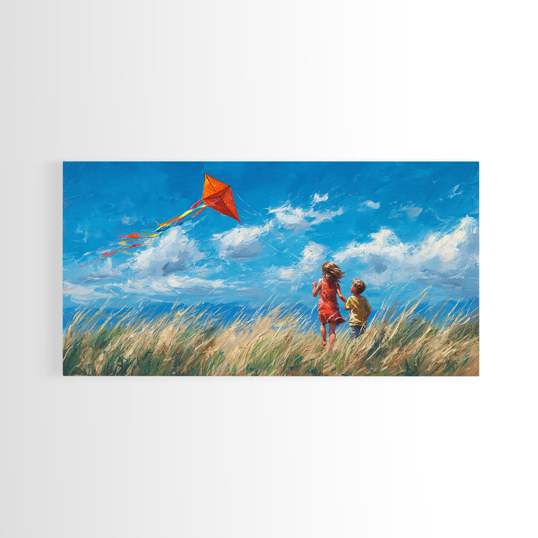 Two Children Flying Red Kite Canvas Print, Bright Blue Sky Wall Art, Summer Meadow Decor, Kids Room Art, Gift For Mom, Home Decor