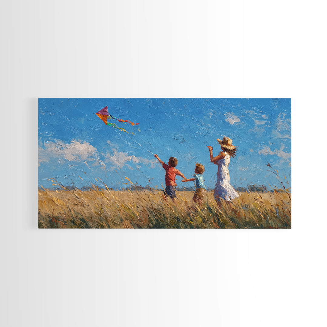 Mother And Sons Flying Kite Canvas Print, Sunny Grassland Wall Art, Family Home Decor, Nursery Art, Housewarming Gift For Mom