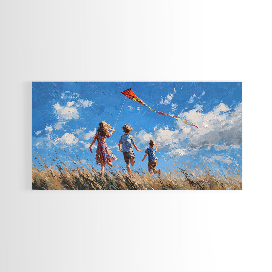 Three Children Chase Red Kite Canvas Print, Breezy Summer Field Wall Art, Kids Room Decor, Coastal Landscape Gift For Her