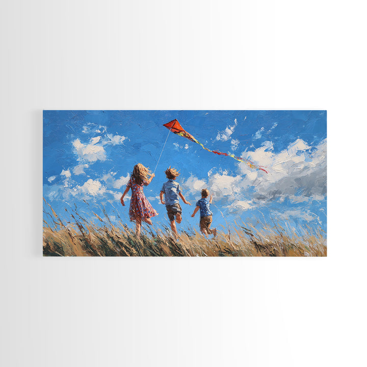 Three Children Chase Red Kite Canvas Print, Breezy Summer Field Wall Art, Kids Room Decor, Coastal Landscape Gift For Her