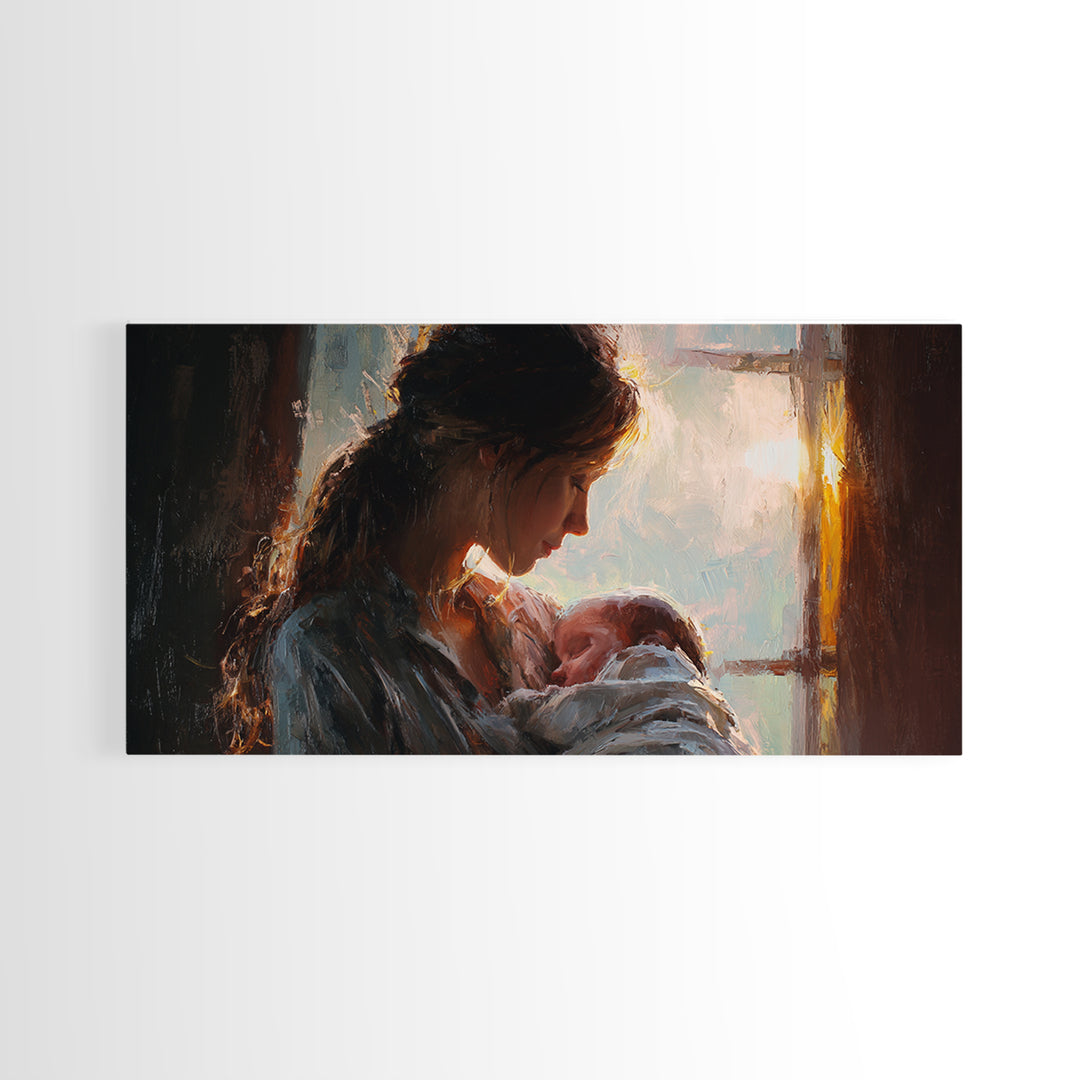 Mother Nursing Baby By Window Canvas Print, Warm Newborn Wall Art, Moody Nursery Decor, Gift For Her, Bedroom Wall Decor