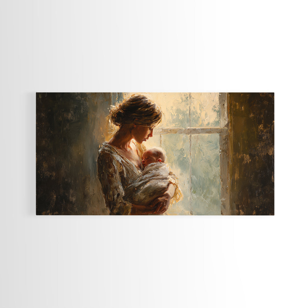 Mother Holding Newborn By Window Canvas Print, Tender Nursery Wall Art, Warm Bedroom Decor, Baby Shower Gift For Mom, Home Decor