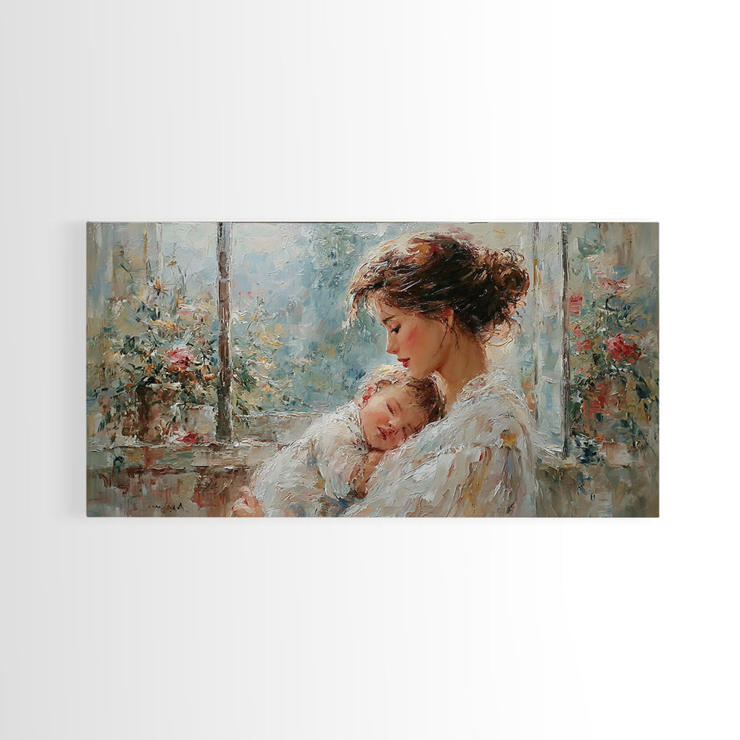 Tender Mother And Baby By Rainy Window Canvas Print, Impressionist Nursery Wall Art, Floral Bedroom Decor, New Mom Gift, Home Decor