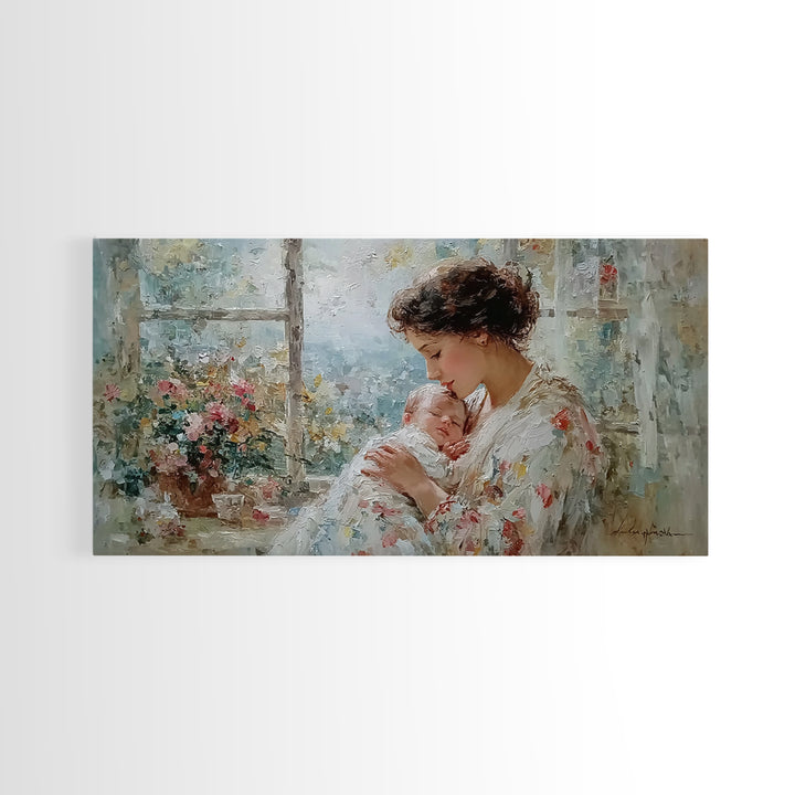 Mother Kissing Newborn By Garden Window Framed Canvas Print, Impressionist Nursery Wall Art, Floral Home Decor Gift For Her