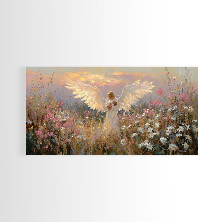 Glowing Guardian Angel Holding Baby At Sunset Canvas Print, Spiritual Wall Art, Wildflower Meadow Decor, Christian Gift Idea