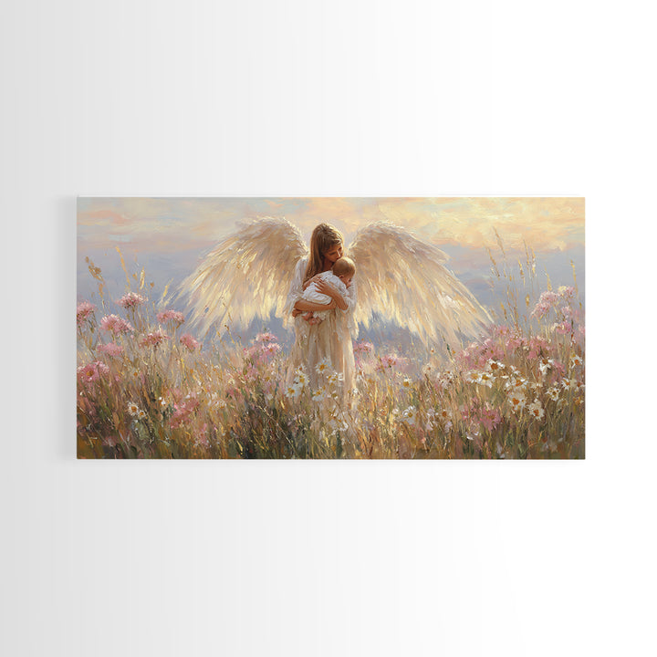 Radiant Angel Cradling Infant In Wildflower Field Canvas Print, Christian Wall Art, Spiritual Nursery Decor, Baby Shower Gift