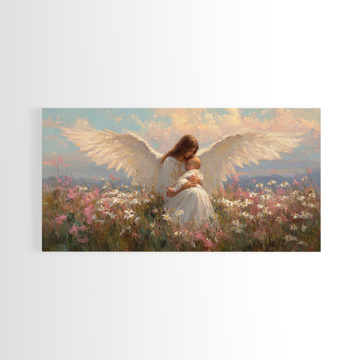 Angel Mother Nursing Baby Among Wildflowers Framed Canvas Print, Spiritual Wall Art, Christian Nursery Decor, Gift For Mom