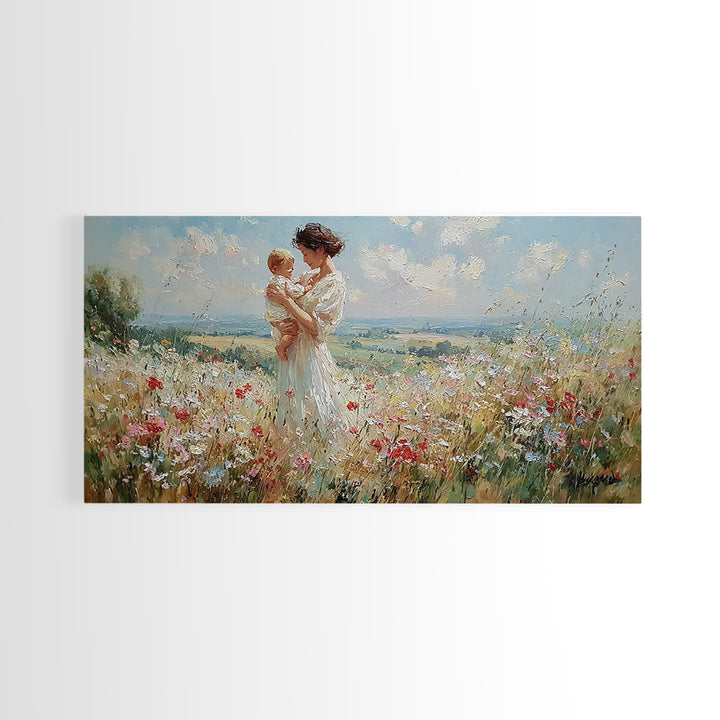 Mother And Toddler In Blooming Meadow Canvas Print, Impressionist Wall Art, Floral Nursery Decor, Living Room Wall Art Print