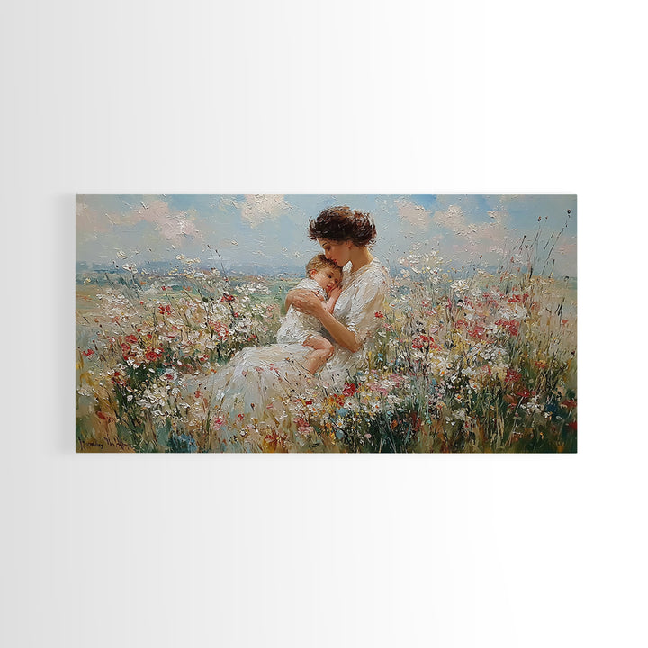 Seated Mother Holding Sleeping Child In Flower Field Canvas Print, Impressionist Wall Art, Nursery Decor, Housewarming Gift