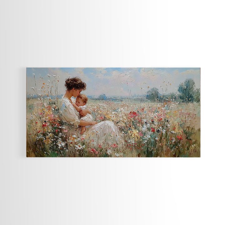 Mother And Baby Resting In Wildflower Meadow Framed Canvas Print, Impressionist Wall Art, Floral Nursery Decor, Gift For Her