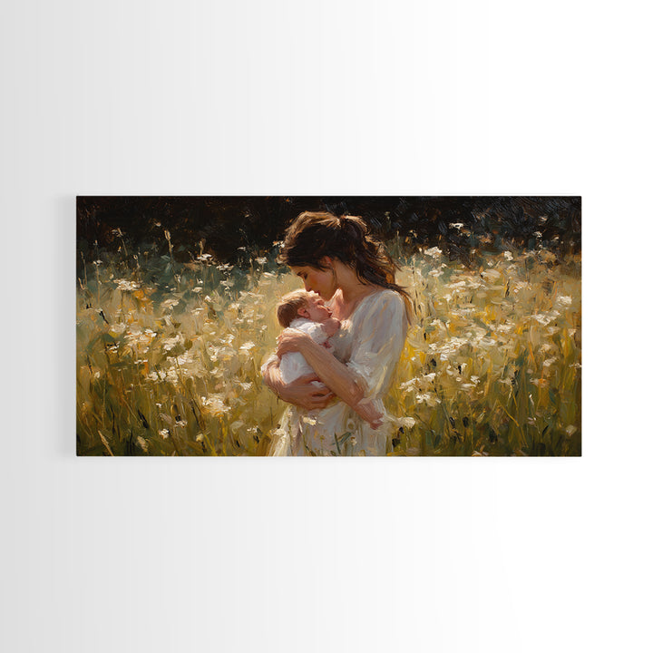 Tender Mother And Baby In White Wildflower Meadow Canvas Print, Impressionist Nursery Wall Art, Gift For Mom, Bedroom Decor