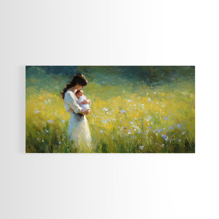 Mother Holding Newborn In Sunny Wildflower Field Framed Canvas Print, Impressionist Wall Art, Nursery Decor, Gift For Mom