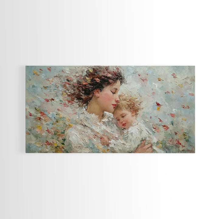 Windblown Mother And Sleeping Child With Petals Canvas Print, Feminine Wall Art, Impressionist Nursery Decor, Gift For Her