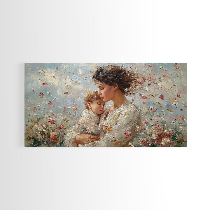 Mother Embracing Child In Blossoming Garden Wall Art, Impressionist Framed Canvas Print, Romantic Floral Decor, Gift For Mom