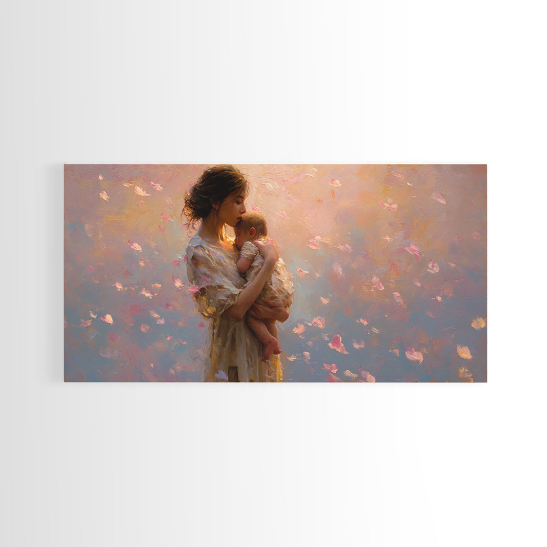 Soft Pink Mother And Baby At Sunset Canvas Print, Romantic Nursery Wall Art, Feminine Bedroom Decor, Beautiful Gift For New Mom