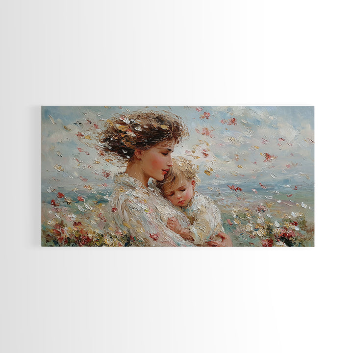 Windy Meadow Mother And Child With Falling Petals Wall Art, Impressionist Canvas Print, Floral Nursery Decor, Gift For Mom