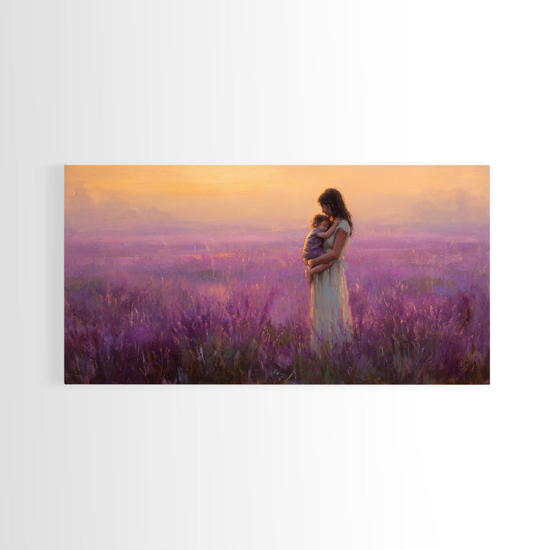 Mother And Child In Lavender Field At Sunset Canvas Print, Purple Landscape Wall Art, Romantic Bedroom Decor, Gift For Mom