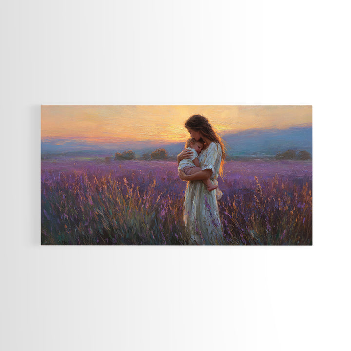 Mother Cradling Child In Lavender Sunset Field Canvas Print, Romantic Wall Art, Impressionist Bedroom Decor, Gift For Her