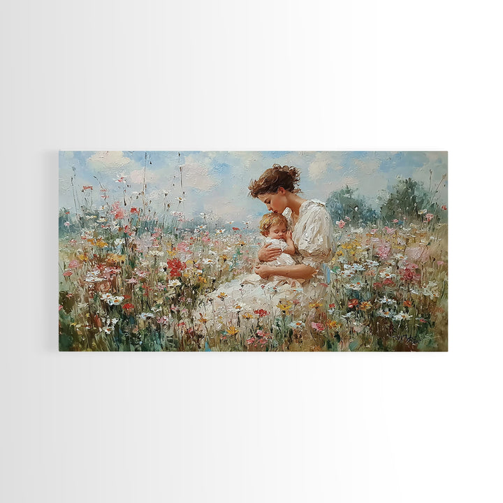 Mother And Baby In Wildflower Meadow Canvas Print, Impressionist Floral Nursery Wall Art, Gift For Mom, Motherhood Decor
