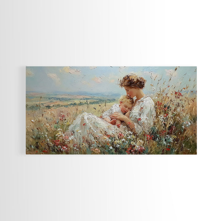 Nursing Mother And Baby In Summer Meadow Framed Canvas Print, Impressionist Floral Wall Art, Motherhood Gift, Nursery Decor
