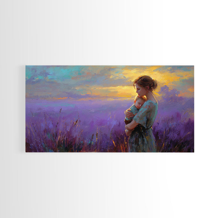 Mother Holding Baby In Lavender Sunset Canvas Print, Purple Field Wall Art, Motherhood Gift, Calming Nursery Bedroom Decor