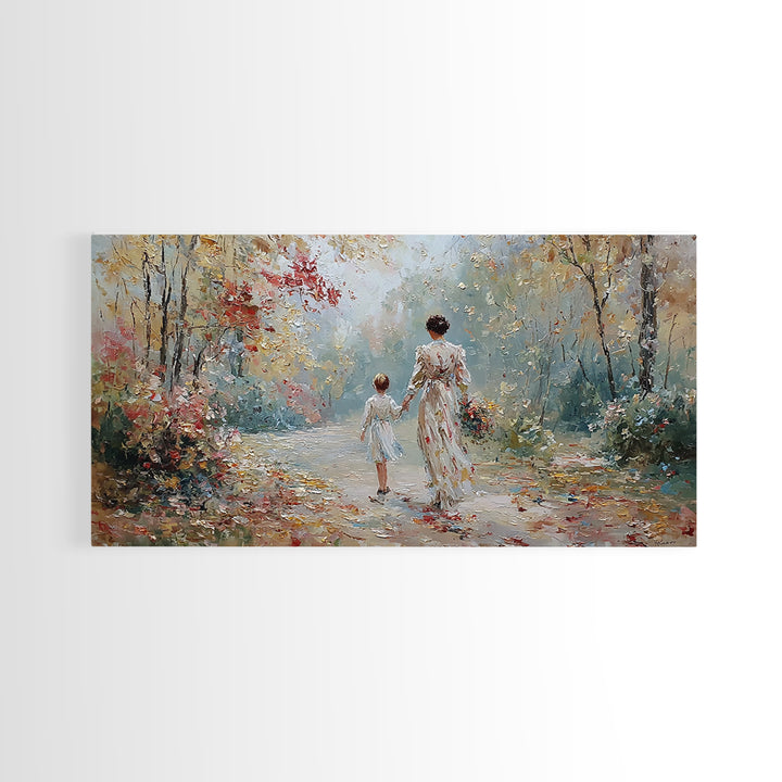 Mother And Child Walking Floral Woodland Path Wall Art, Impressionist Autumn Canvas Print, Family Gift, Living Room Decor