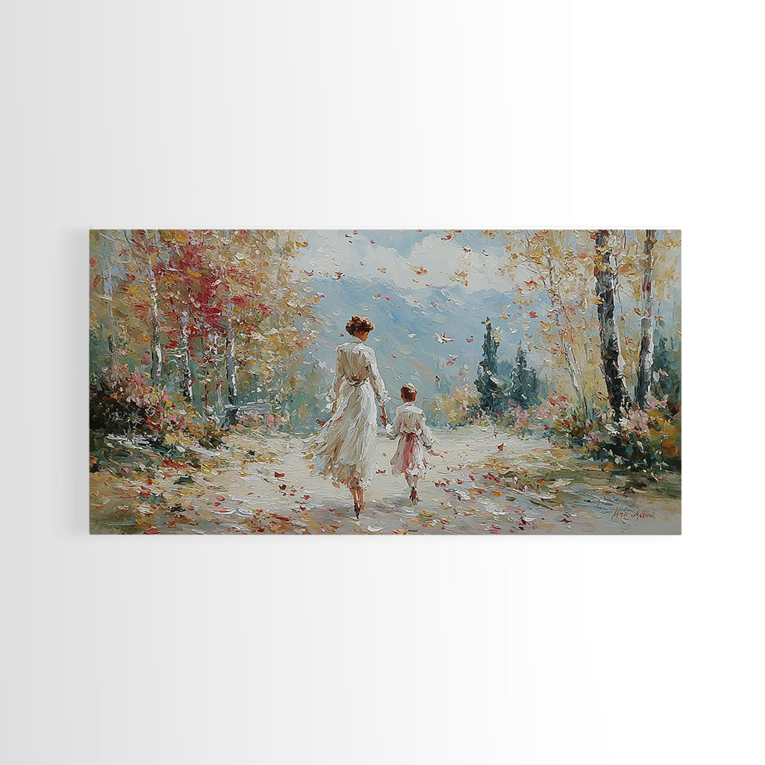 Mother And Child On Blossom Mountain Path Canvas Print, Impressionist Landscape Wall Art, Neutral Nursery Living Room Decor