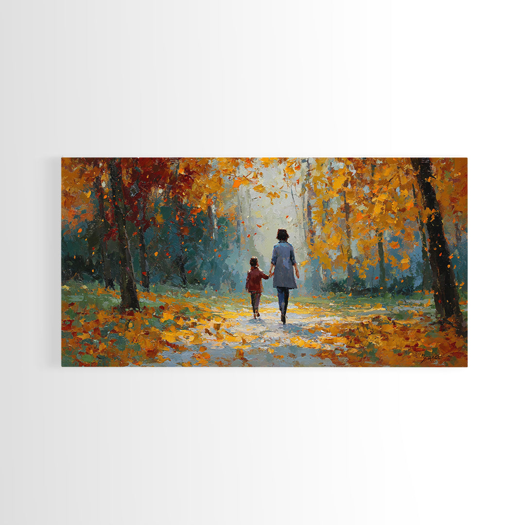 Mother And Child In Golden Autumn Park Framed Canvas Print, Fall Landscape Wall Art, Family Gift, Cozy Living Room Home Decor