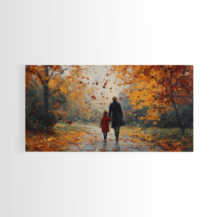 Father And Child In Orange Autumn Forest Wall Art, Impressionist Fall Canvas Print, Family Gift, Cozy Living Room Home Decor