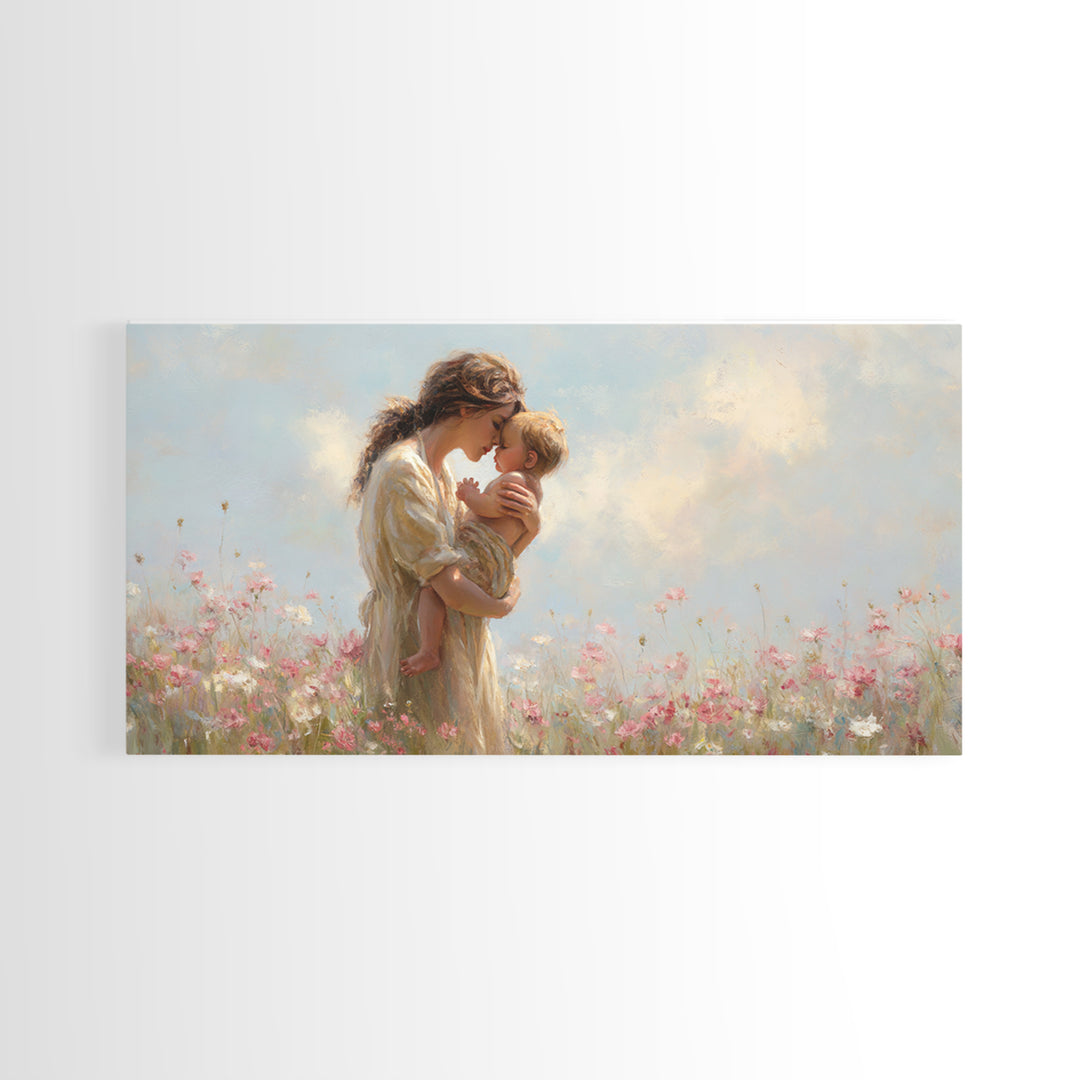 Mother Kissing Baby In Pastel Wildflower Meadow Canvas Print, Impressionist Nursery Wall Art, Motherhood Gift, Bedroom Decor