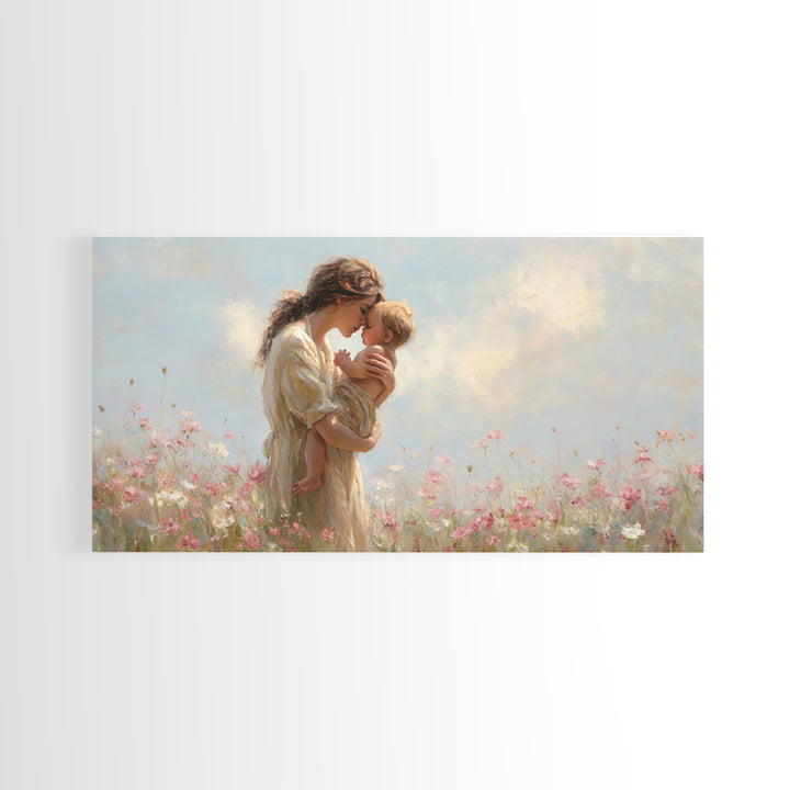 Mother Kissing Baby In Pastel Wildflower Meadow Canvas Print, Impressionist Nursery Wall Art, Motherhood Gift, Bedroom Decor
