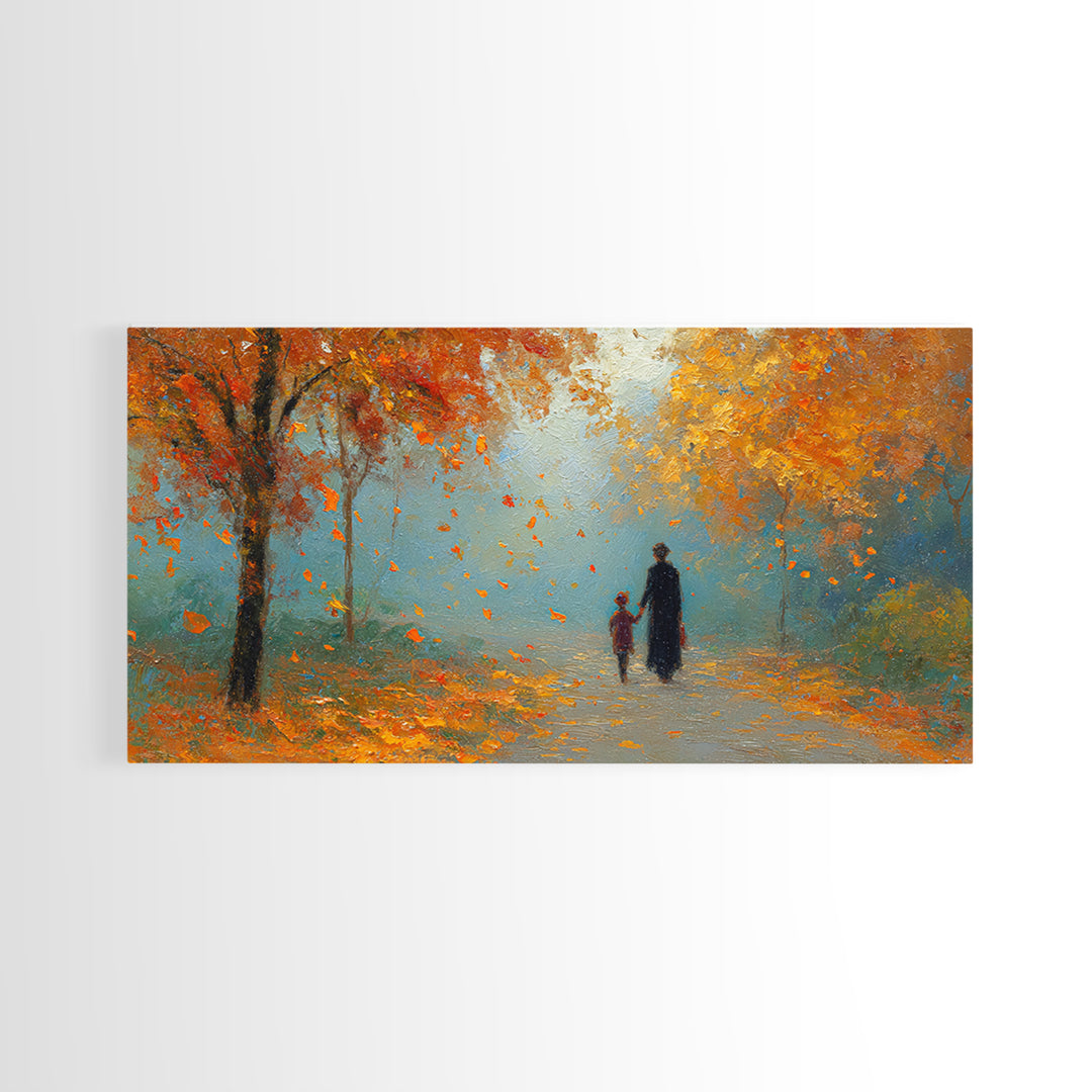 Father And Child Walking Orange Autumn Path Framed Canvas Print, Fall Forest Wall Art, Family Gift, Cozy Living Room Decor