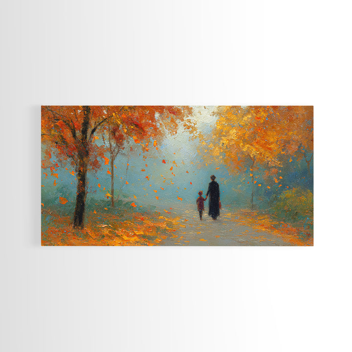 Father And Child Walking Orange Autumn Path Framed Canvas Print, Fall Forest Wall Art, Family Gift, Cozy Living Room Decor