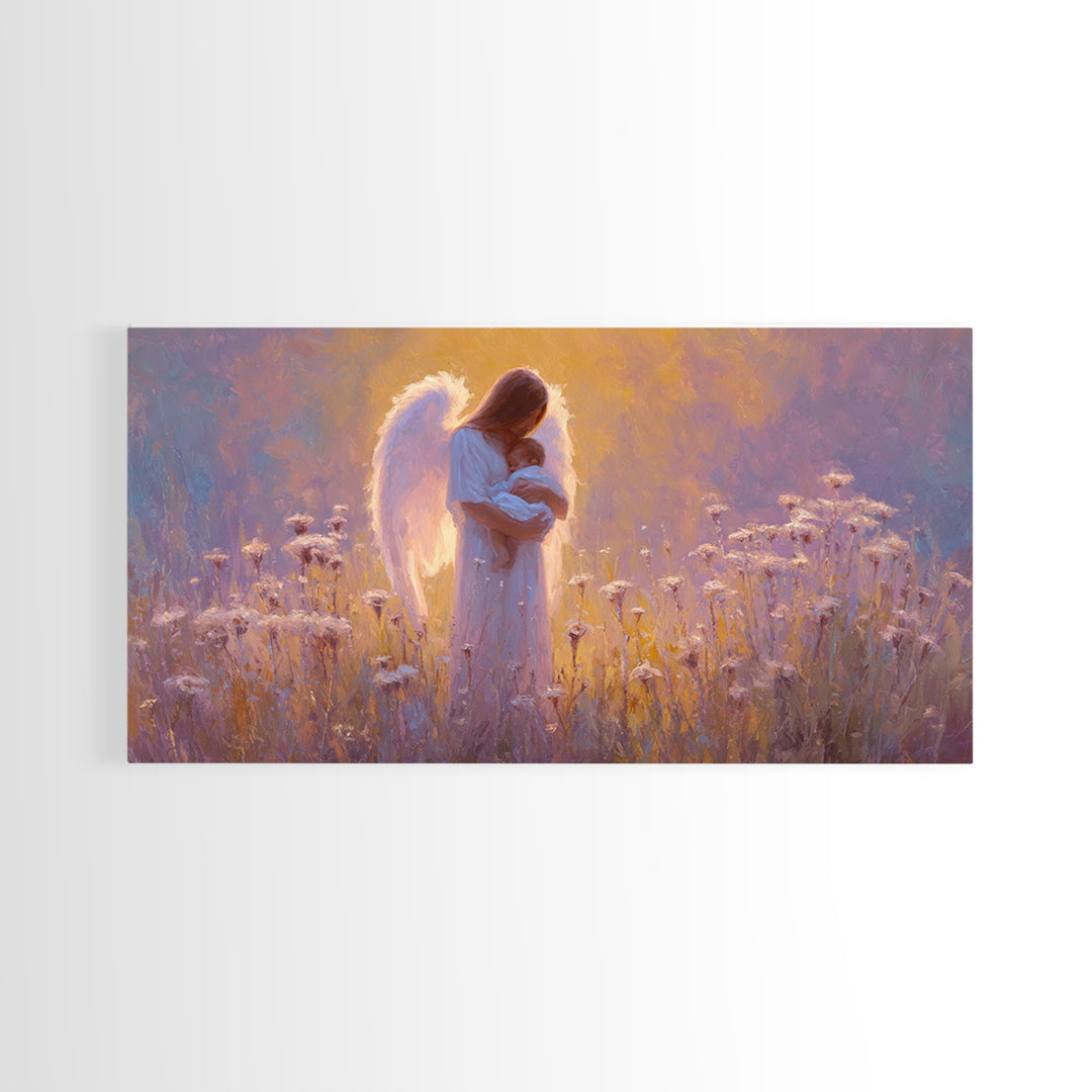 Guardian Angel Holding Baby In Glowing Meadow Canvas Print, Spiritual Nursery Wall Art, Motherhood Gift, Christian Decor