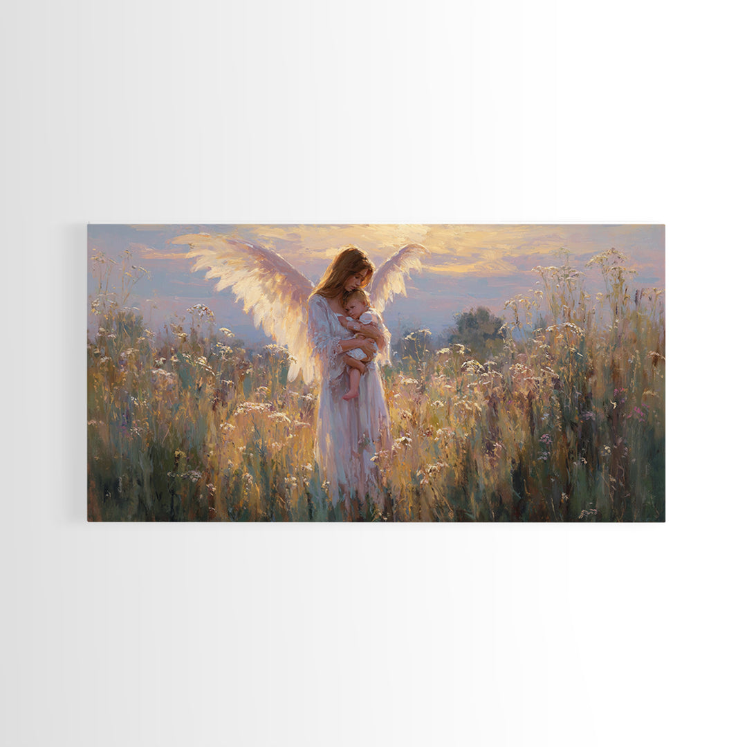 Guardian Angel Mother And Baby In Golden Wildflower Meadow Wall Art, Christian Nursery Decor, Motherhood Gift, Fine Art Print
