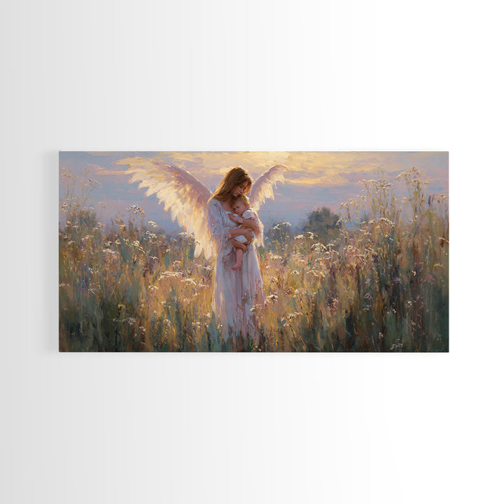 Guardian Angel Mother And Baby In Golden Wildflower Meadow Wall Art, Christian Nursery Decor, Motherhood Gift, Fine Art Print