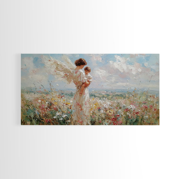 Angel Mother Holding Baby In Breezy Flower Field Canvas Print, Christian Wall Decor, Nursery Art, Mothers Day Gift For Her
